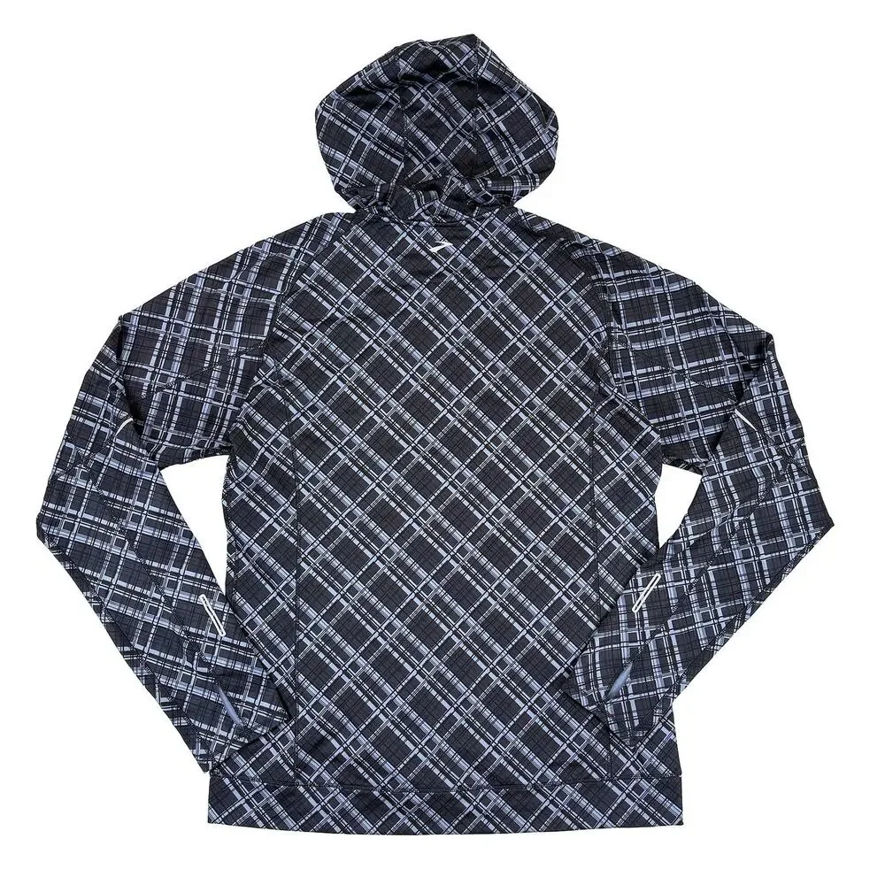 Brooks Running Jacket Men S Black Blue Plaid Hooded Windbreaker Lightweight Rain